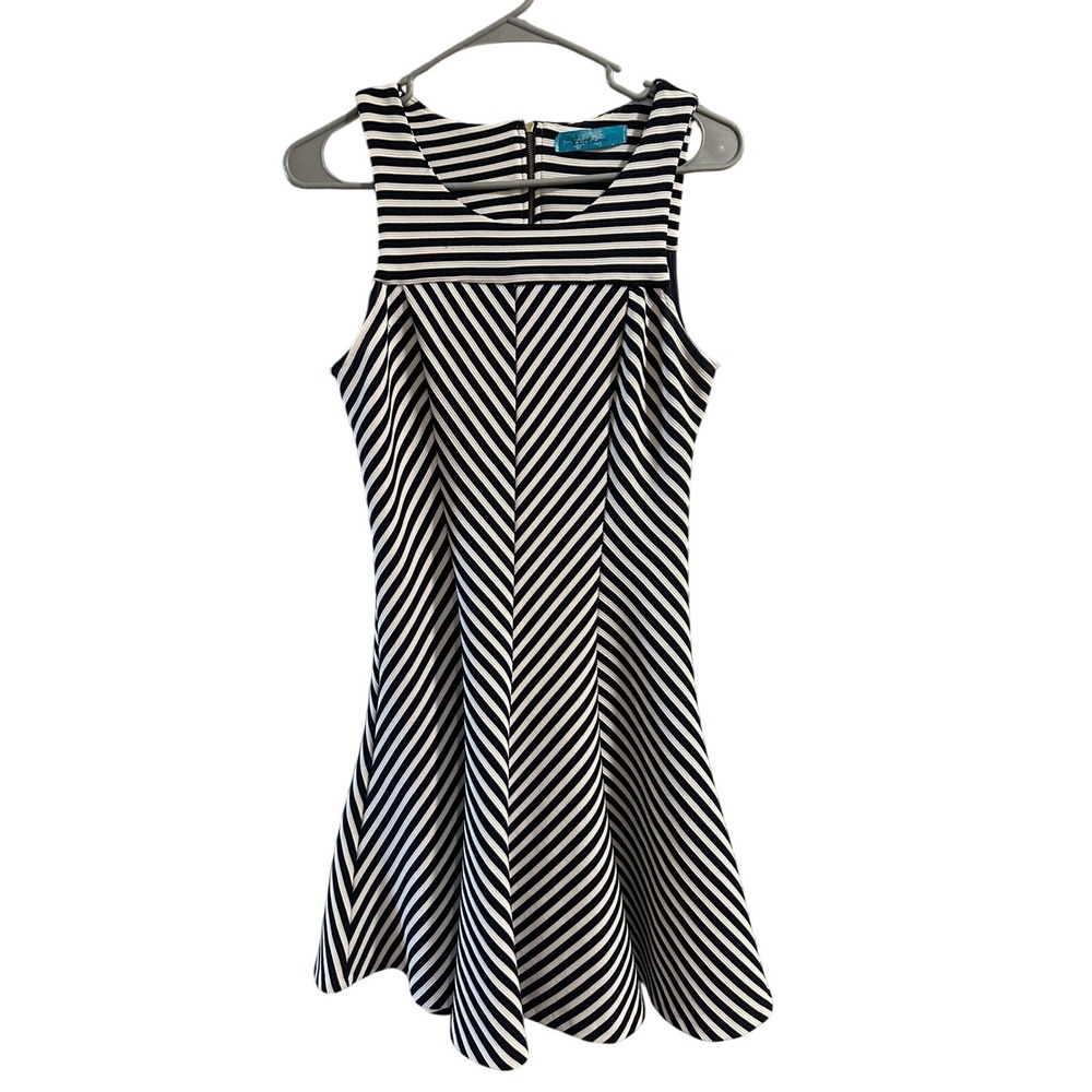 Buttons Navy Blue White Striped Fit and Flare Dress Sleeveless Chevron Ribbed